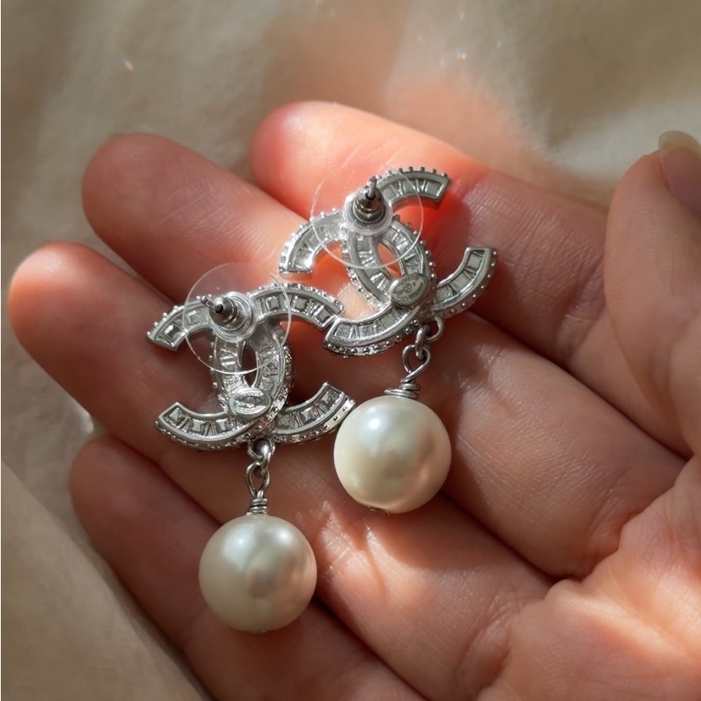 CHANEL Silver Crystal CC Logo Drop Earrings with White Pearls - Picture 10 of 13